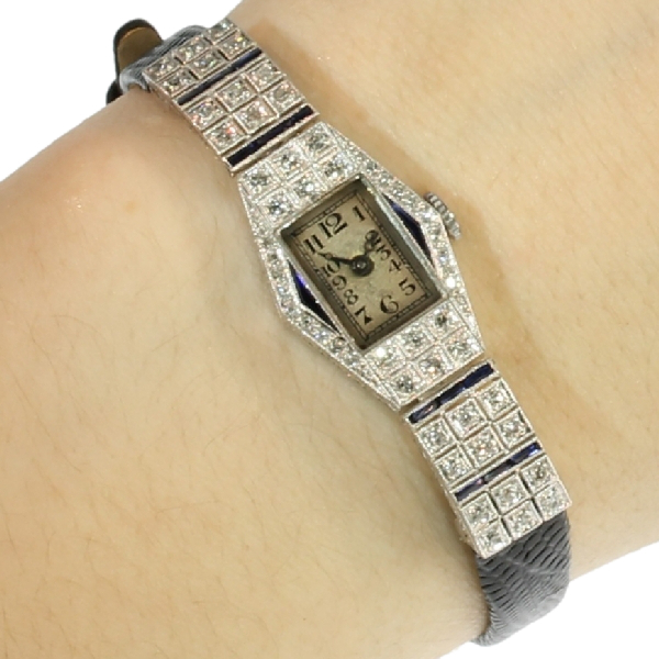 Art Deco platinum ladies wrist watch with diamonds and sapphires